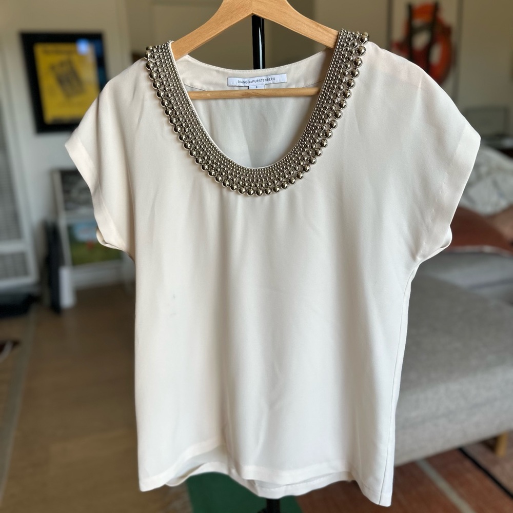 Diane Von Furstenberg Elegant Ivory Beaded Women's Blouse Size S